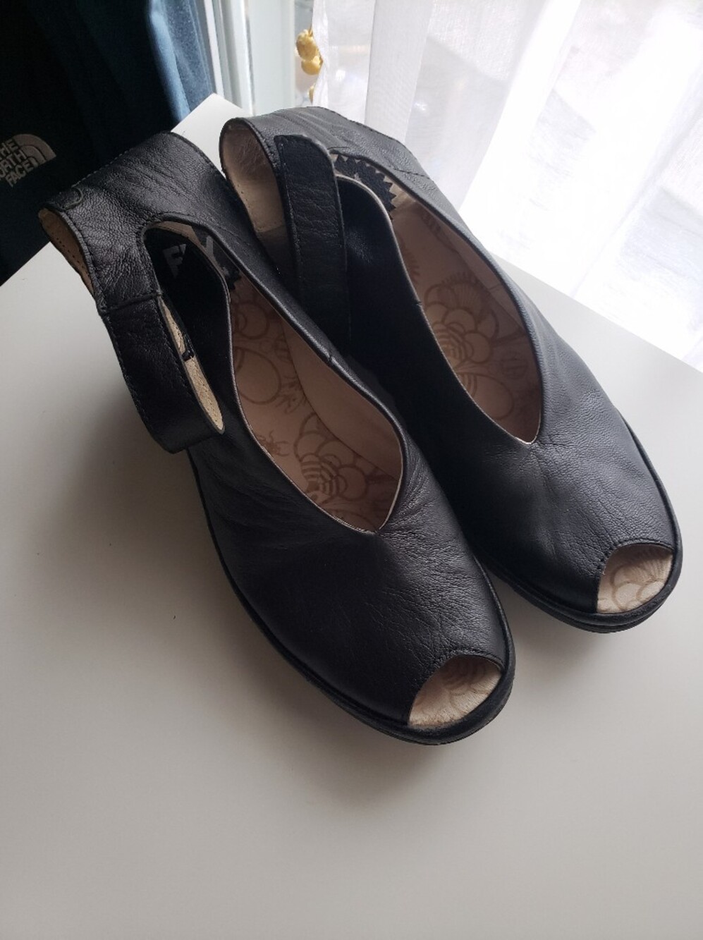 Fly London Black Leather Platform Wedge Peep-Toe Slingback Heels